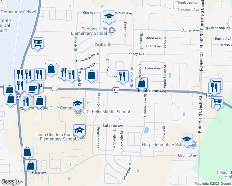 map of restaurants, bars, coffee shops, grocery stores, and more near 2283 East Robinson Avenue in Springdale