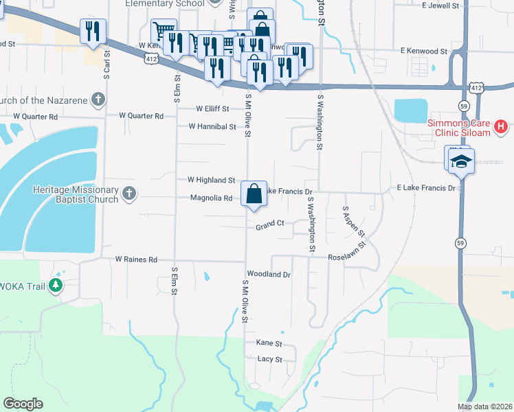 map of restaurants, bars, coffee shops, grocery stores, and more near 214 East Lake Francis Drive in Siloam Springs