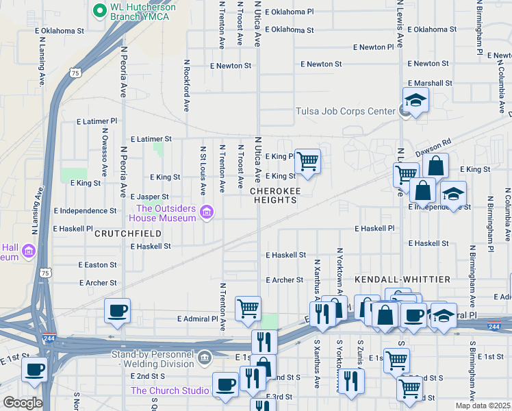 map of restaurants, bars, coffee shops, grocery stores, and more near 818 North Utica Avenue in Tulsa