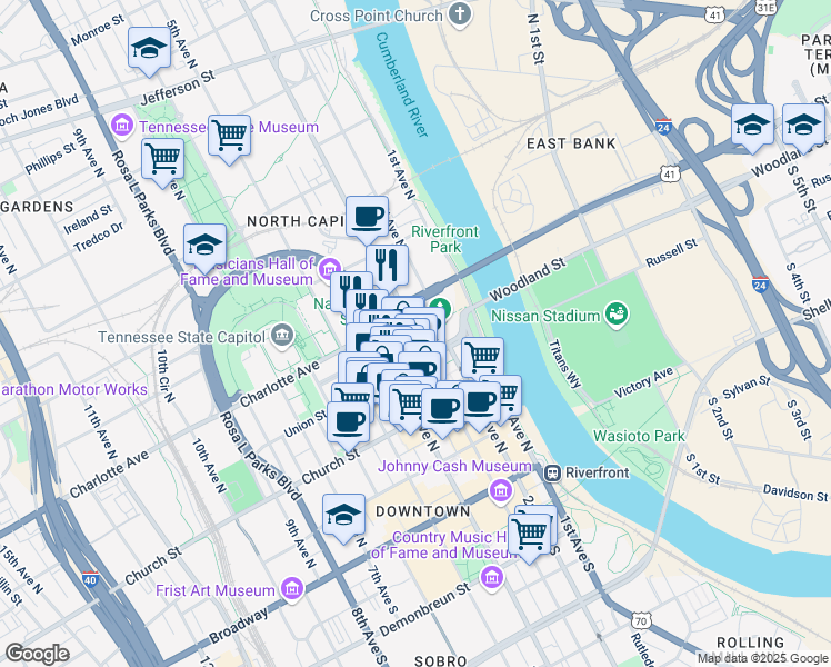 map of restaurants, bars, coffee shops, grocery stores, and more near 3rd Ave N & Deaderick St in Nashville