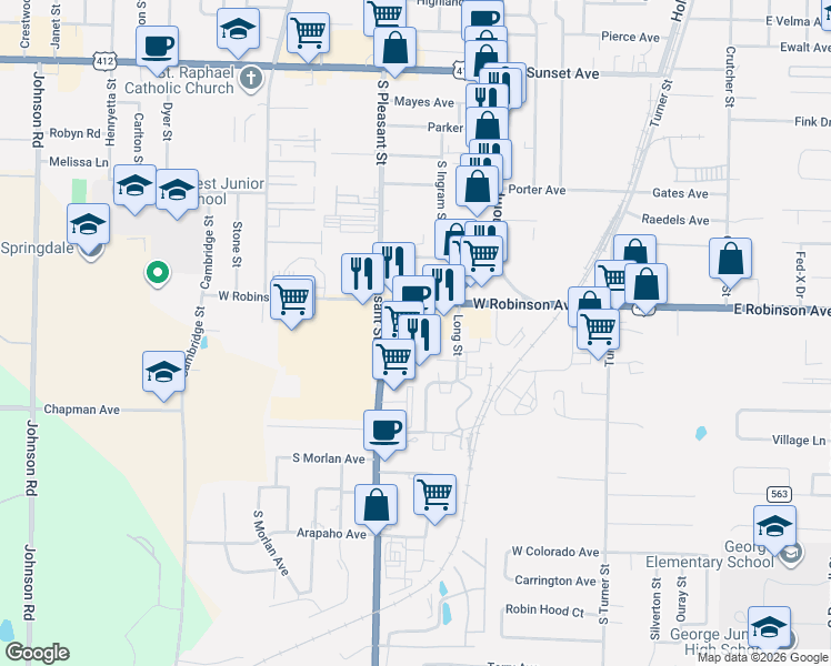 map of restaurants, bars, coffee shops, grocery stores, and more near 2005 South Thompson Street in Springdale