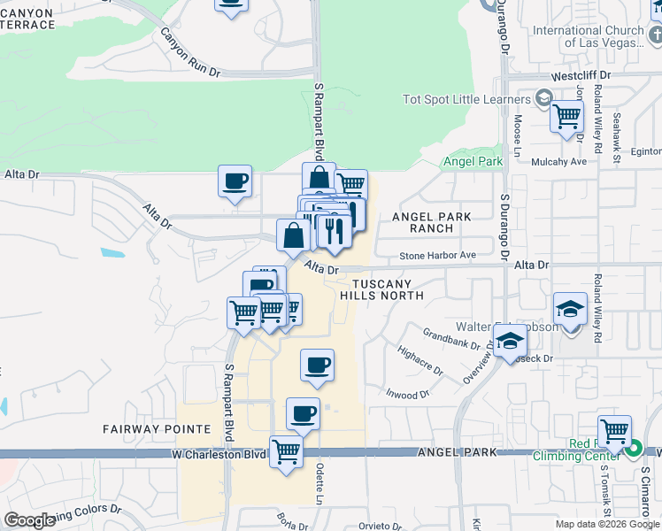 map of restaurants, bars, coffee shops, grocery stores, and more near 410 South Rampart Boulevard in Las Vegas