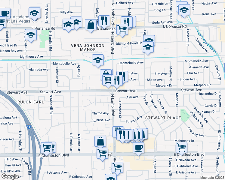 map of restaurants, bars, coffee shops, grocery stores, and more near N Lamb Blvd & E Stewart Ave in Las Vegas