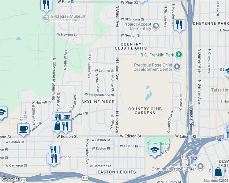 map of restaurants, bars, coffee shops, grocery stores, and more near 811 North Union Place in Tulsa