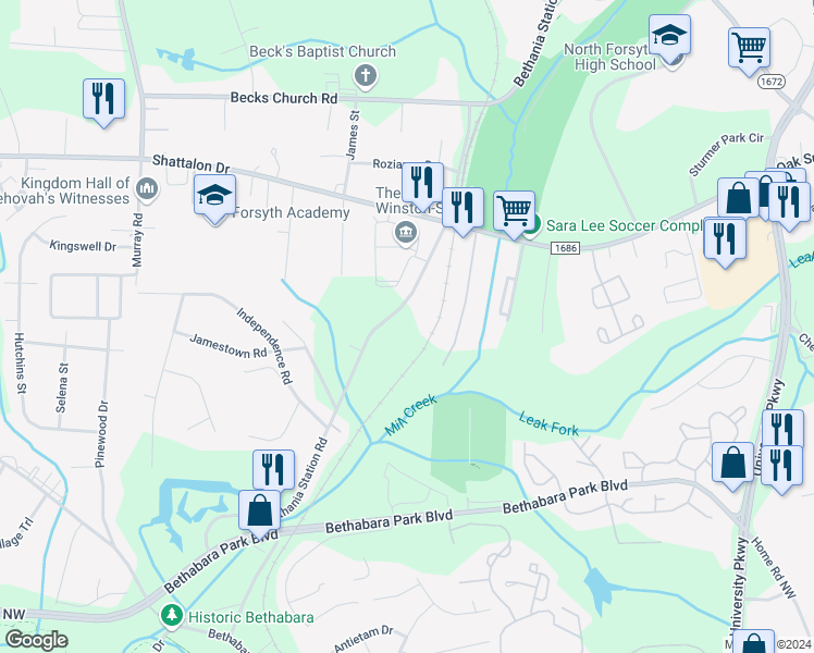 map of restaurants, bars, coffee shops, grocery stores, and more near 4101 Bethania Station Road in Winston-Salem