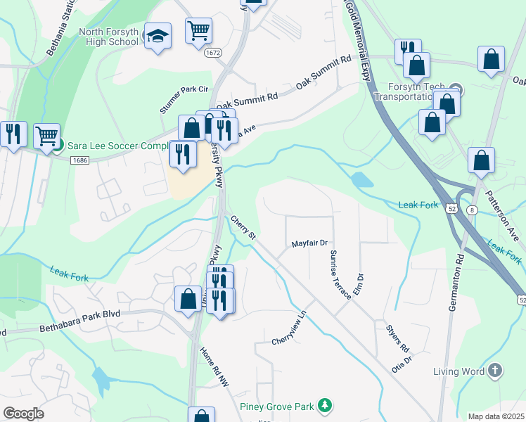 map of restaurants, bars, coffee shops, grocery stores, and more near 140 Beechwood Circle in Winston-Salem