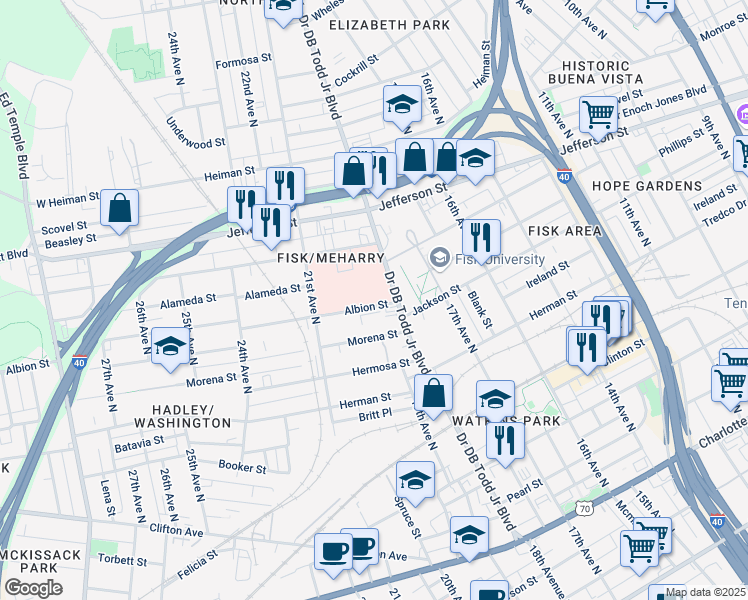 map of restaurants, bars, coffee shops, grocery stores, and more near 1810 Albion Street in Nashville