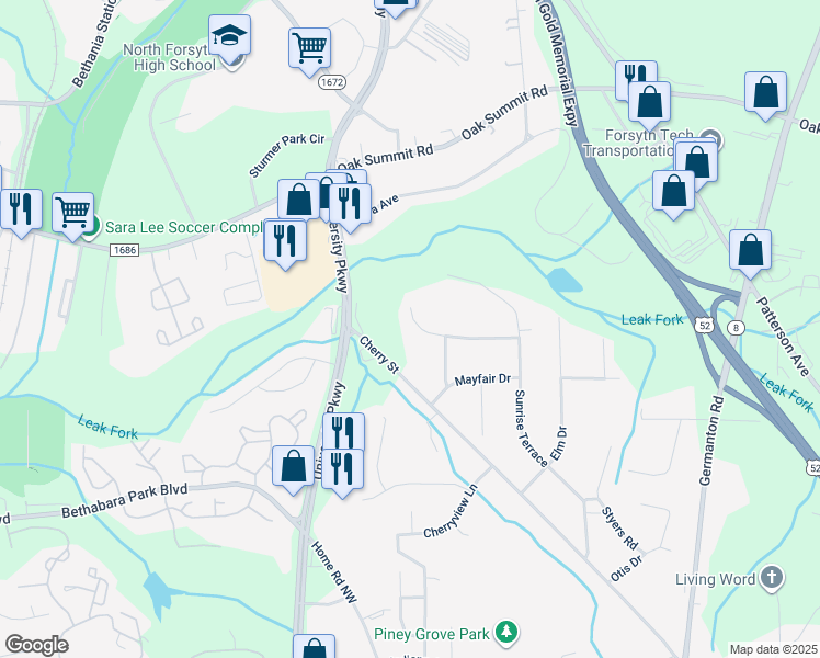 map of restaurants, bars, coffee shops, grocery stores, and more near 140 Beechwood Circle in Winston-Salem