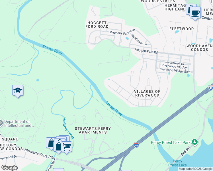 map of restaurants, bars, coffee shops, grocery stores, and more near 1881 Stonewater Drive in Nashville