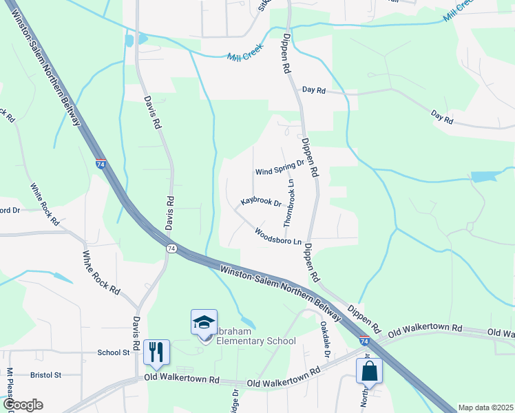 map of restaurants, bars, coffee shops, grocery stores, and more near 5015 Kaybrook Drive in Winston-Salem
