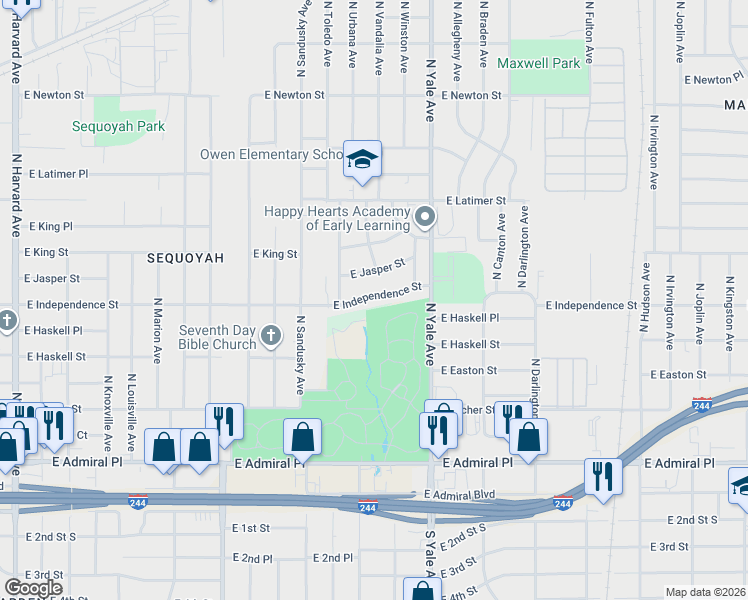 map of restaurants, bars, coffee shops, grocery stores, and more near 4636 East Independence Street in Tulsa