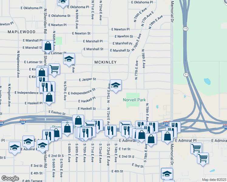 map of restaurants, bars, coffee shops, grocery stores, and more near 7314 E Independence St in Tulsa