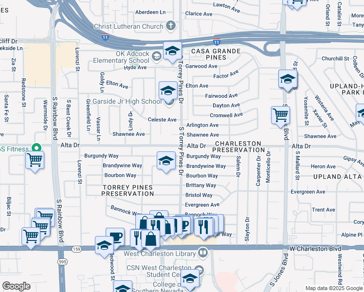 map of restaurants, bars, coffee shops, grocery stores, and more near Alta Dr & S Torrey Pines Dr in Las Vegas