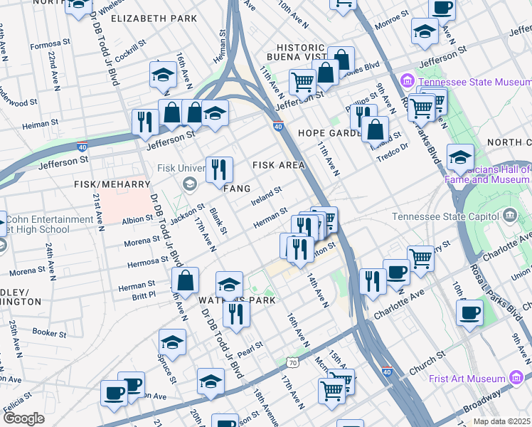 map of restaurants, bars, coffee shops, grocery stores, and more near 1414 Herman Street in Nashville