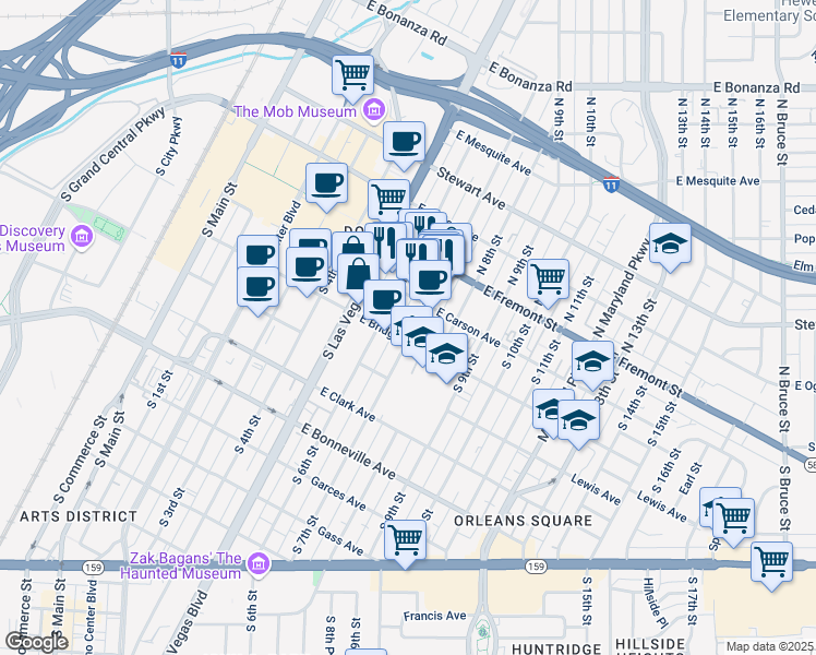 map of restaurants, bars, coffee shops, grocery stores, and more near 224 South 7th Street in Las Vegas