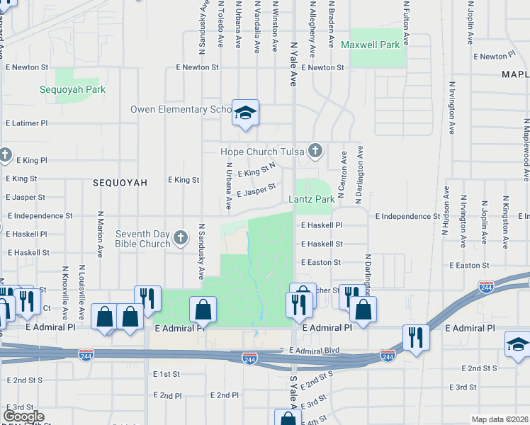 map of restaurants, bars, coffee shops, grocery stores, and more near 4636 East Independence Street in Tulsa
