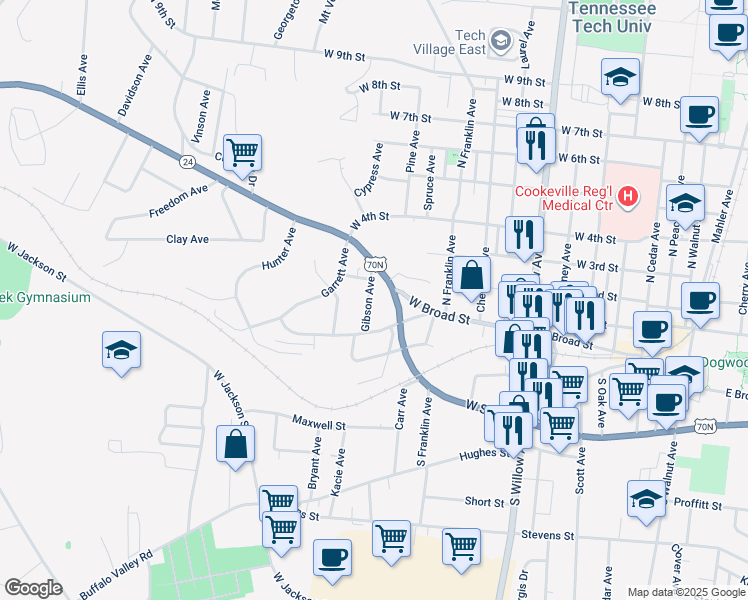 map of restaurants, bars, coffee shops, grocery stores, and more near 36 Gibson Avenue in Cookeville