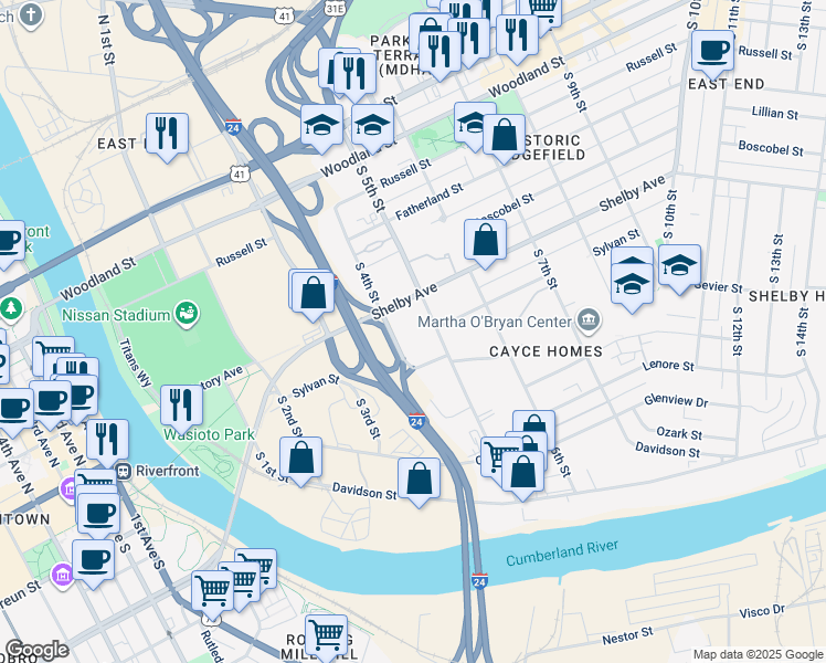 map of restaurants, bars, coffee shops, grocery stores, and more near 528 South 5th Street in Nashville