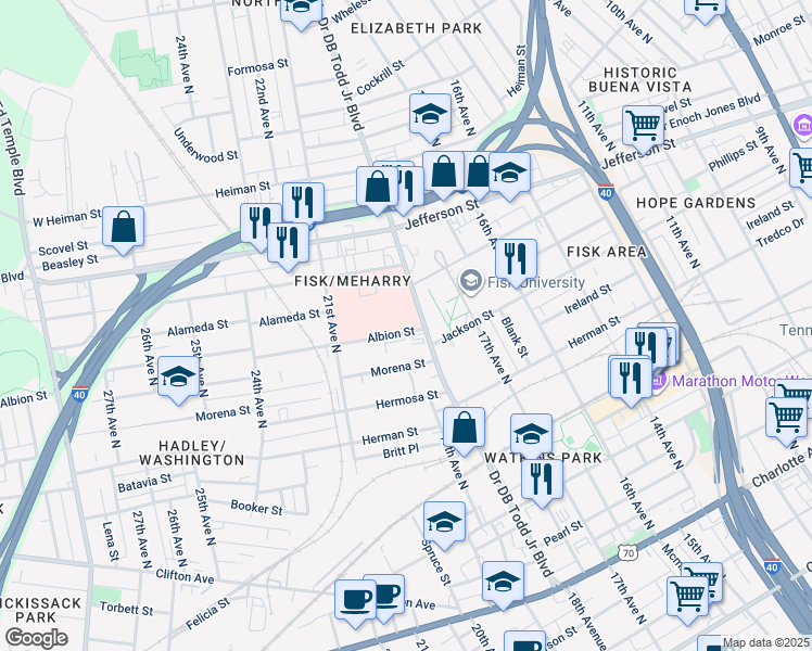 map of restaurants, bars, coffee shops, grocery stores, and more near 1810 Albion Street in Nashville
