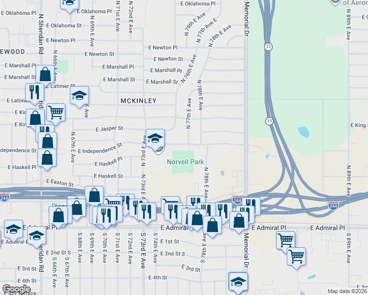 map of restaurants, bars, coffee shops, grocery stores, and more near 7380 East Independence Street in Tulsa