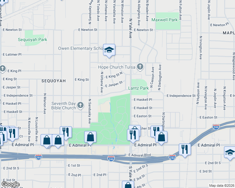 map of restaurants, bars, coffee shops, grocery stores, and more near 4636 East Independence Street in Tulsa