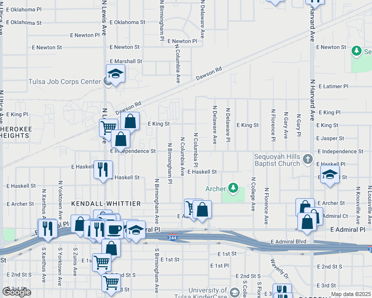 map of restaurants, bars, coffee shops, grocery stores, and more near 806 North Columbia Place in Tulsa