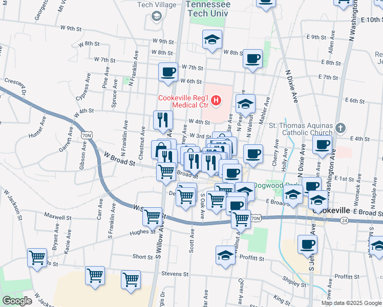 map of restaurants, bars, coffee shops, grocery stores, and more near 175A Montgomery Avenue in Cookeville
