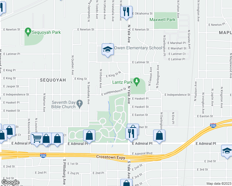 map of restaurants, bars, coffee shops, grocery stores, and more near 4650 East Independence Street in Tulsa
