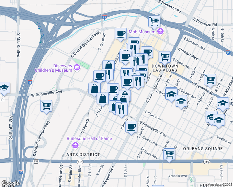 map of restaurants, bars, coffee shops, grocery stores, and more near 428 South Casino Center Boulevard in Las Vegas