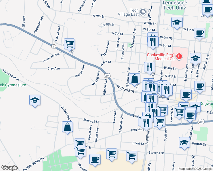map of restaurants, bars, coffee shops, grocery stores, and more near 36 Gibson Avenue in Cookeville