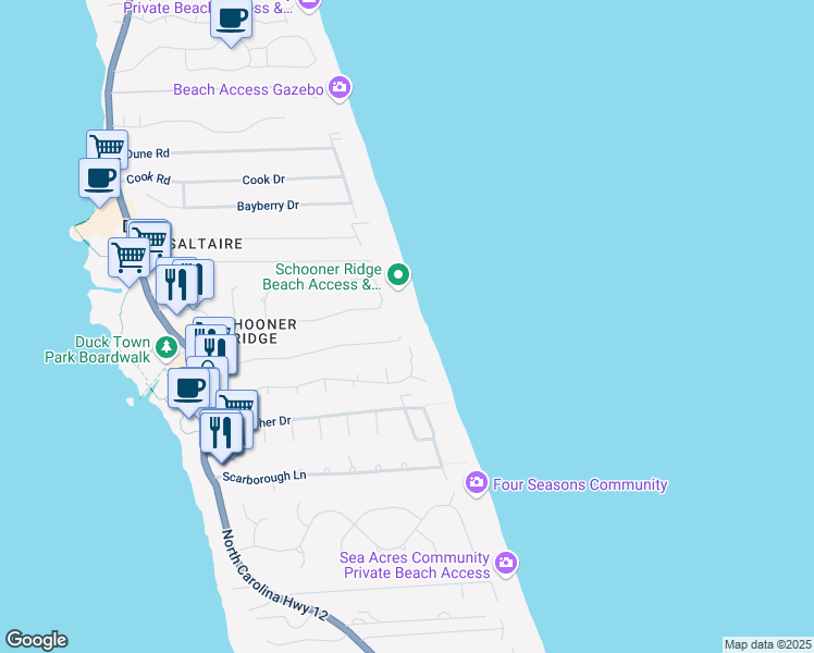 map of restaurants, bars, coffee shops, grocery stores, and more near 150 Duck Landing Lane in Duck