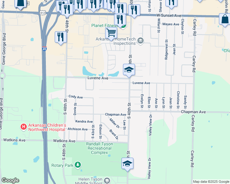 map of restaurants, bars, coffee shops, grocery stores, and more near 4201 Lankford Avenue in Springdale