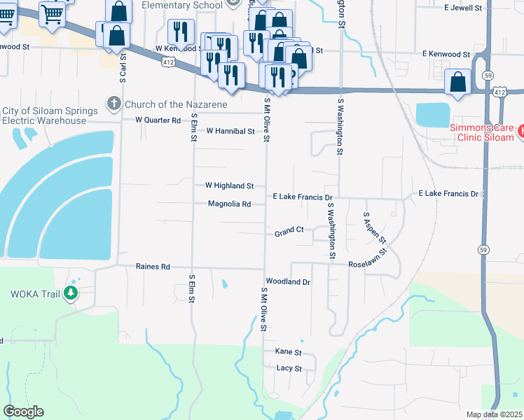 map of restaurants, bars, coffee shops, grocery stores, and more near 102 Magnolia Road in Siloam Springs
