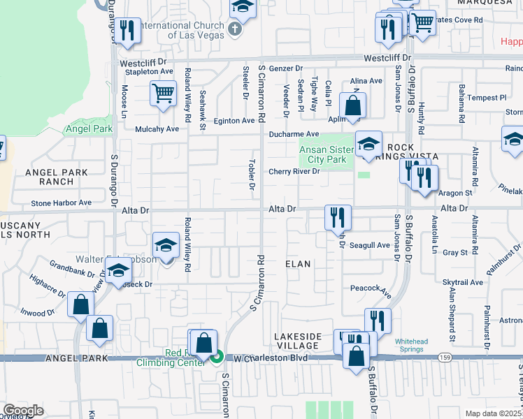 map of restaurants, bars, coffee shops, grocery stores, and more near Alta Drive & South Cimarron Road in Las Vegas