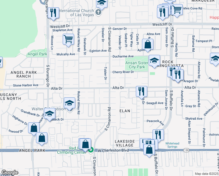 map of restaurants, bars, coffee shops, grocery stores, and more near South Cimarron Road in Las Vegas