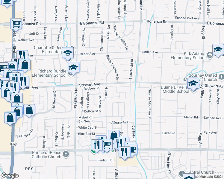 map of restaurants, bars, coffee shops, grocery stores, and more near 366 North Linn Lane in Las Vegas