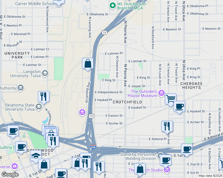 map of restaurants, bars, coffee shops, grocery stores, and more near 805 North Norfolk Avenue in Tulsa