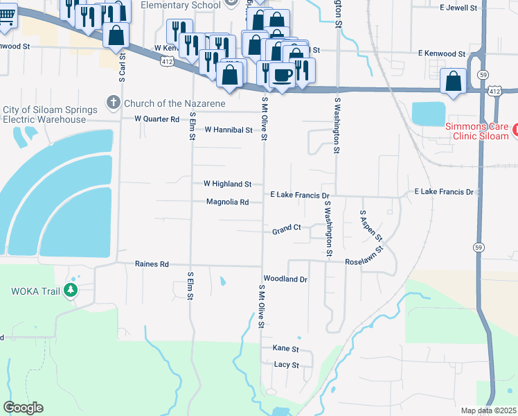 map of restaurants, bars, coffee shops, grocery stores, and more near 102 Magnolia Road in Siloam Springs
