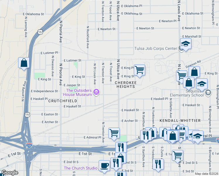 map of restaurants, bars, coffee shops, grocery stores, and more near 822 North Troost Avenue in Tulsa