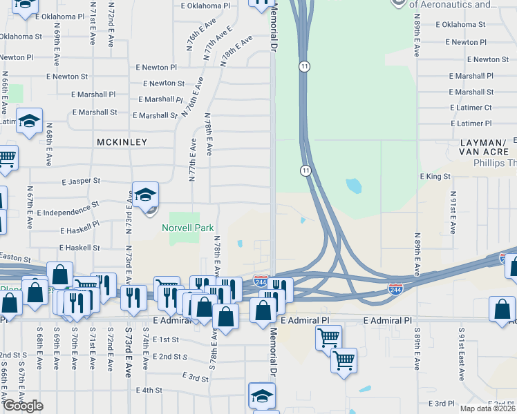 map of restaurants, bars, coffee shops, grocery stores, and more near 7872 East Independence Street in Tulsa