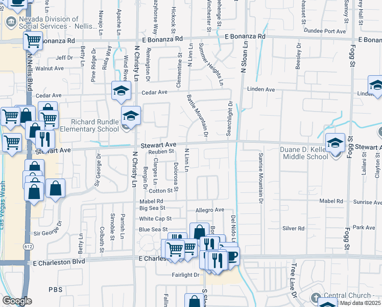 map of restaurants, bars, coffee shops, grocery stores, and more near 360 North Linn Lane in Las Vegas