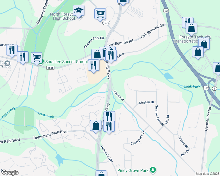 map of restaurants, bars, coffee shops, grocery stores, and more near North Cherry Street in Winston-Salem