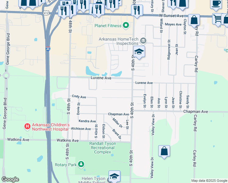 map of restaurants, bars, coffee shops, grocery stores, and more near 4201 Lankford Avenue in Springdale