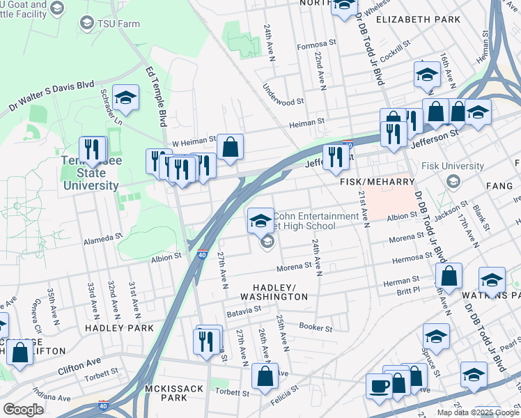 map of restaurants, bars, coffee shops, grocery stores, and more near 2510B Alameda Street in Nashville