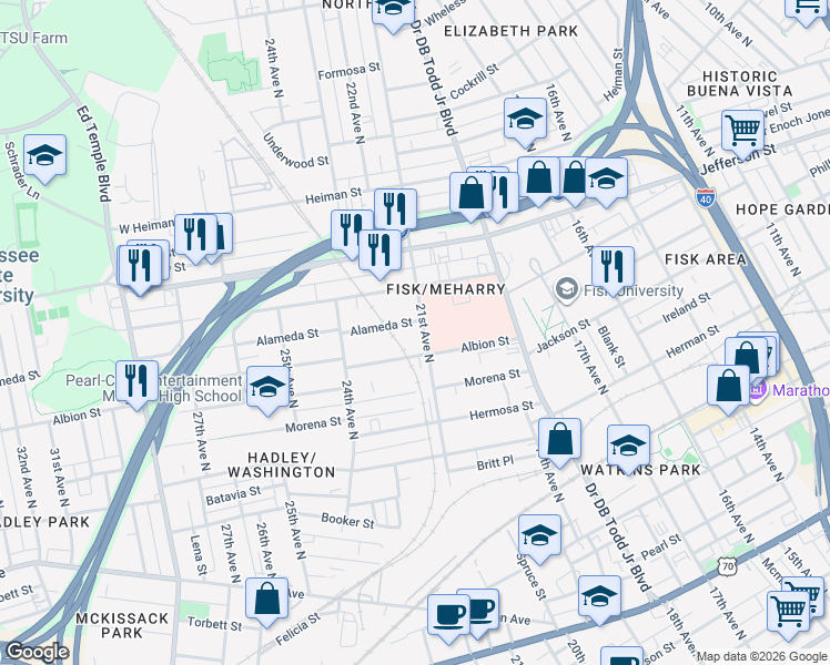 map of restaurants, bars, coffee shops, grocery stores, and more near 1011 21st Avenue North in Nashville