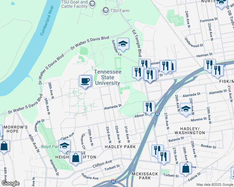 map of restaurants, bars, coffee shops, grocery stores, and more near 1039 31st Avenue North in Nashville