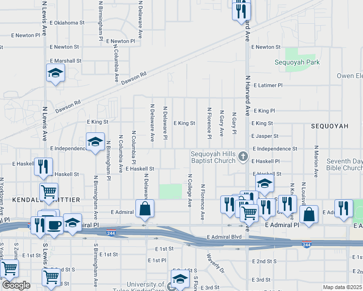 map of restaurants, bars, coffee shops, grocery stores, and more near 2921 East Independence Street in Tulsa