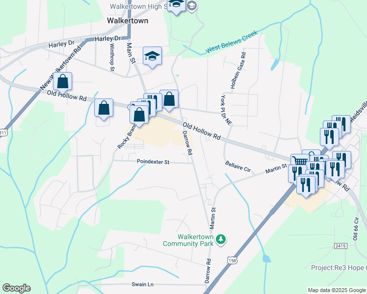 map of restaurants, bars, coffee shops, grocery stores, and more near 2820 Darrow Road in Walkertown