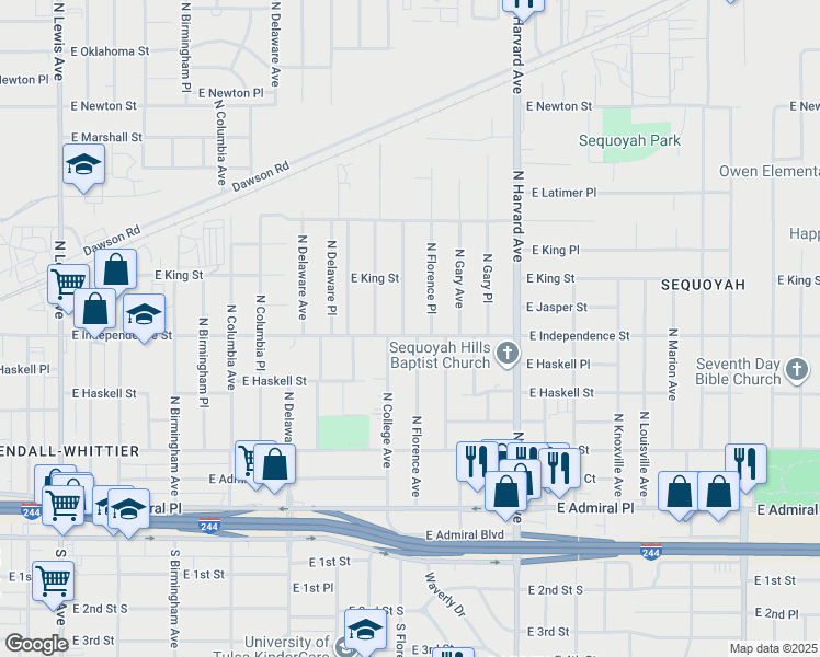 map of restaurants, bars, coffee shops, grocery stores, and more near 3107 East Independence Street in Tulsa