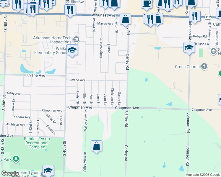 map of restaurants, bars, coffee shops, grocery stores, and more near 2106 Christine St in Springdale